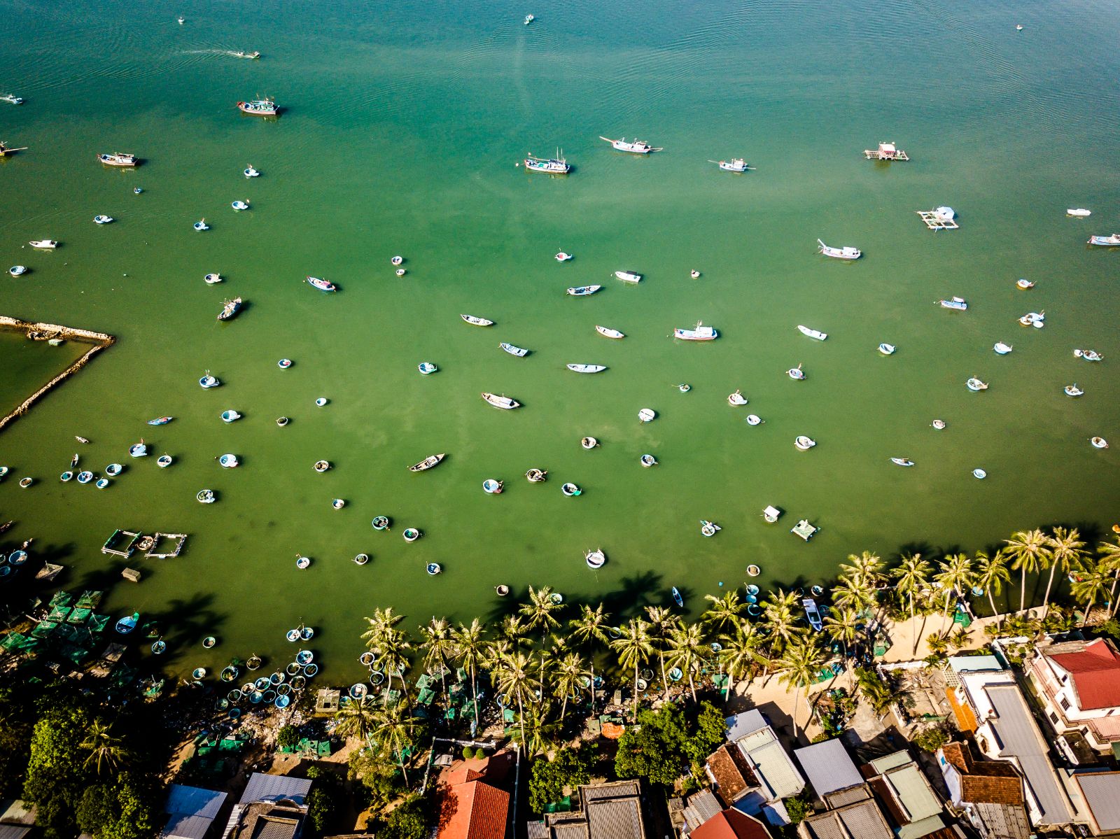 Aerial view of lakeboats in Bai San Ho, Vietnam
