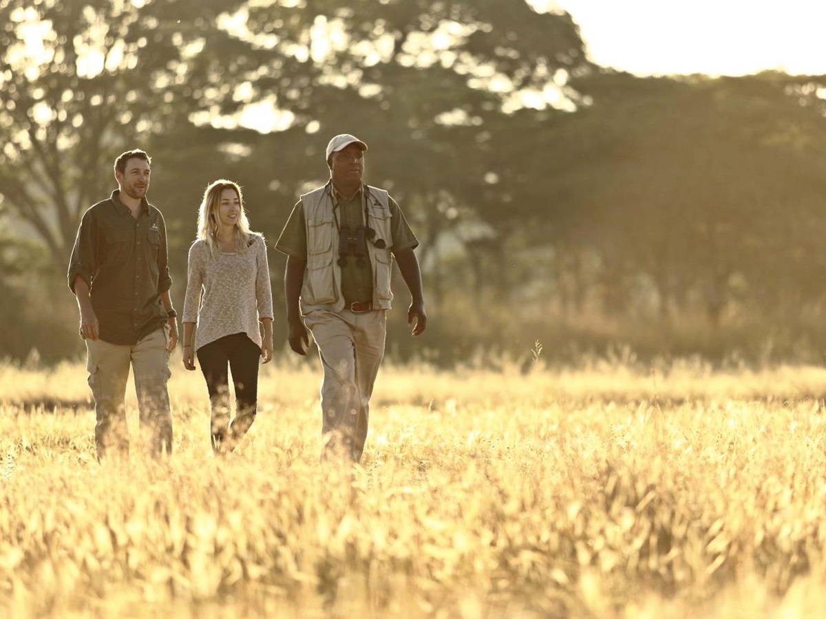 Guests enjoying a guided walk at luxury safari camp Luwi Bush Camp in Zambia