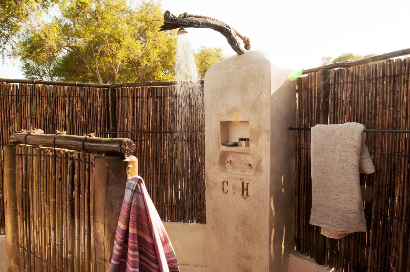 Guest outdoor shower at Old Mondoro in the Lower Zambezi National Park