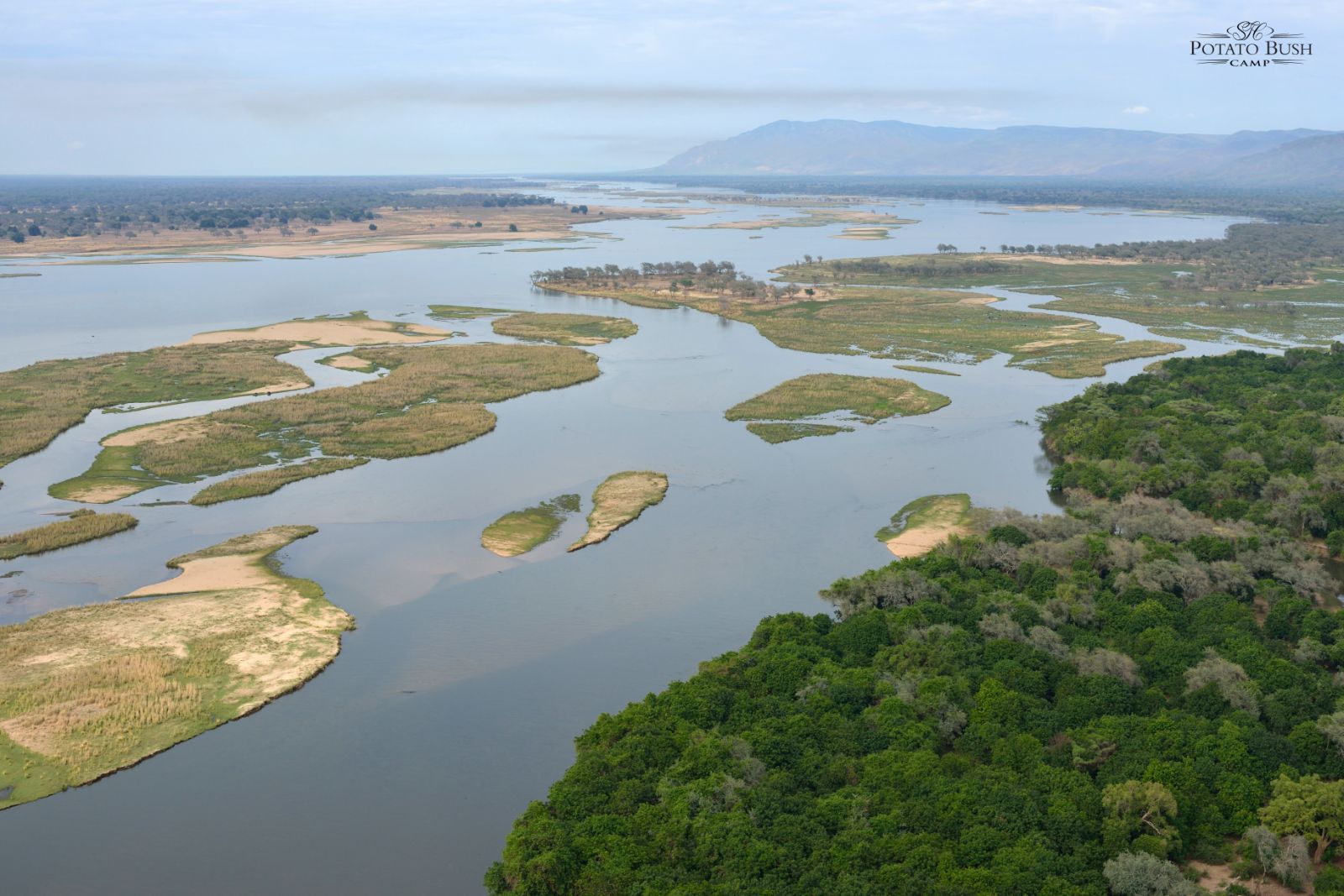 Aerial view of Potato Bush Camp on the Zambezi