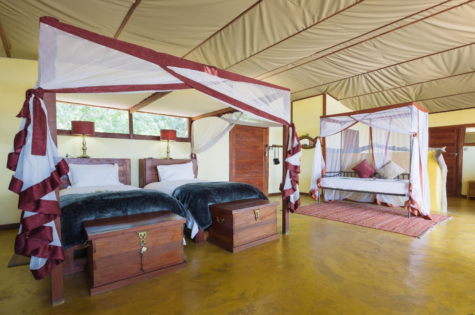 Bedroom of a guest tent at Potato Bush Camp on the Zambezi