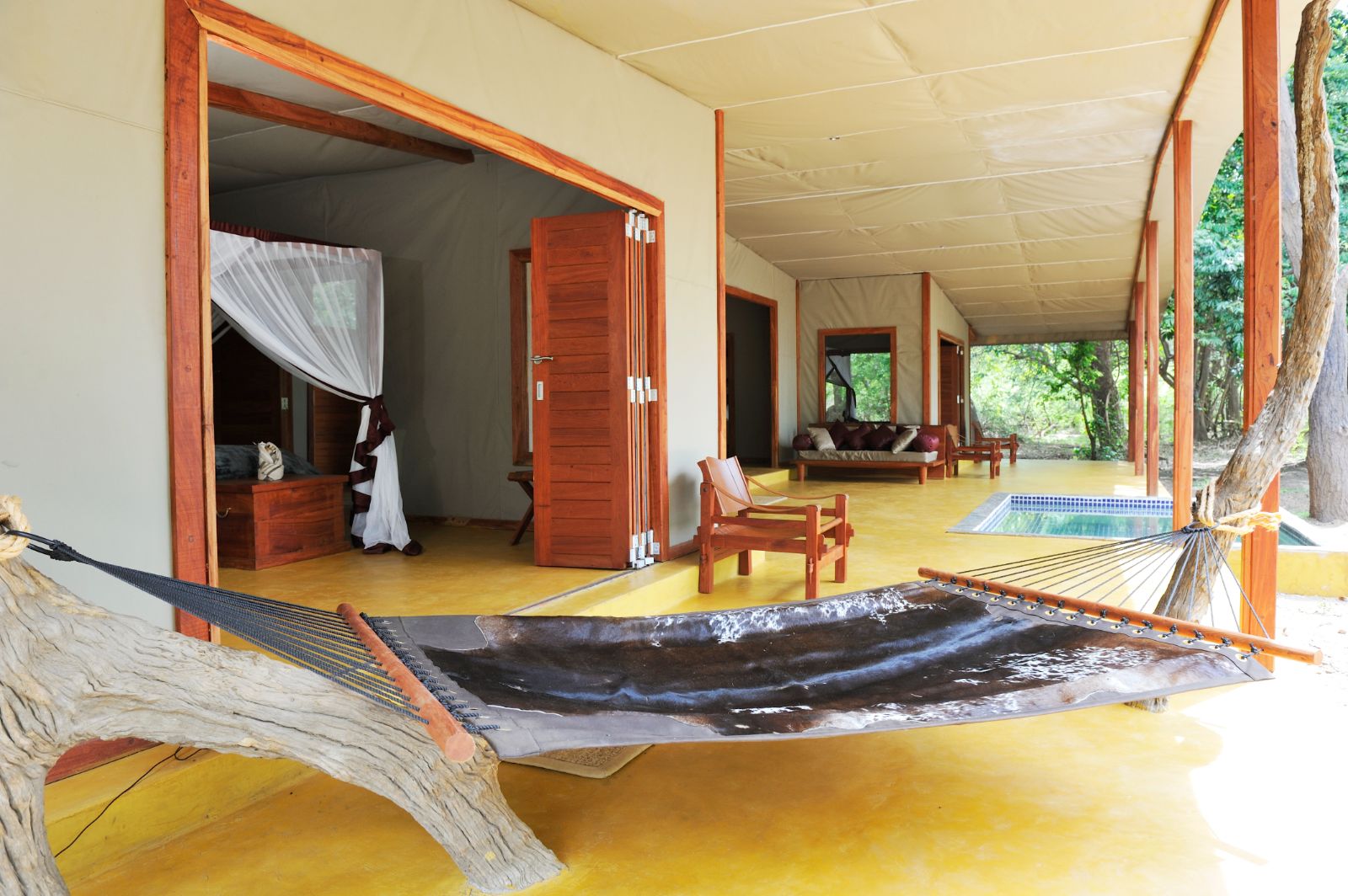 The deck of a family tent at Potato Bush Camp on the Zambezi