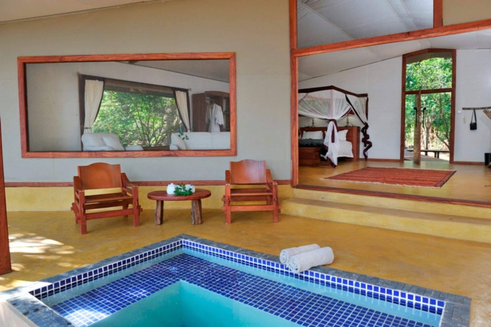 Plunge pool on the deck of a guest tent at Potato Bush Camp on the Zambezi