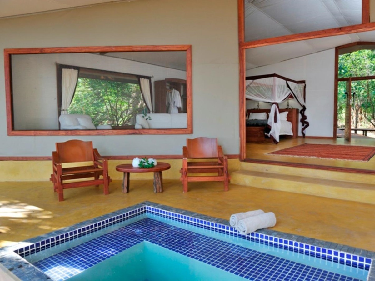 Plunge pool on the deck of a guest tent at Potato Bush Camp on the Zambezi