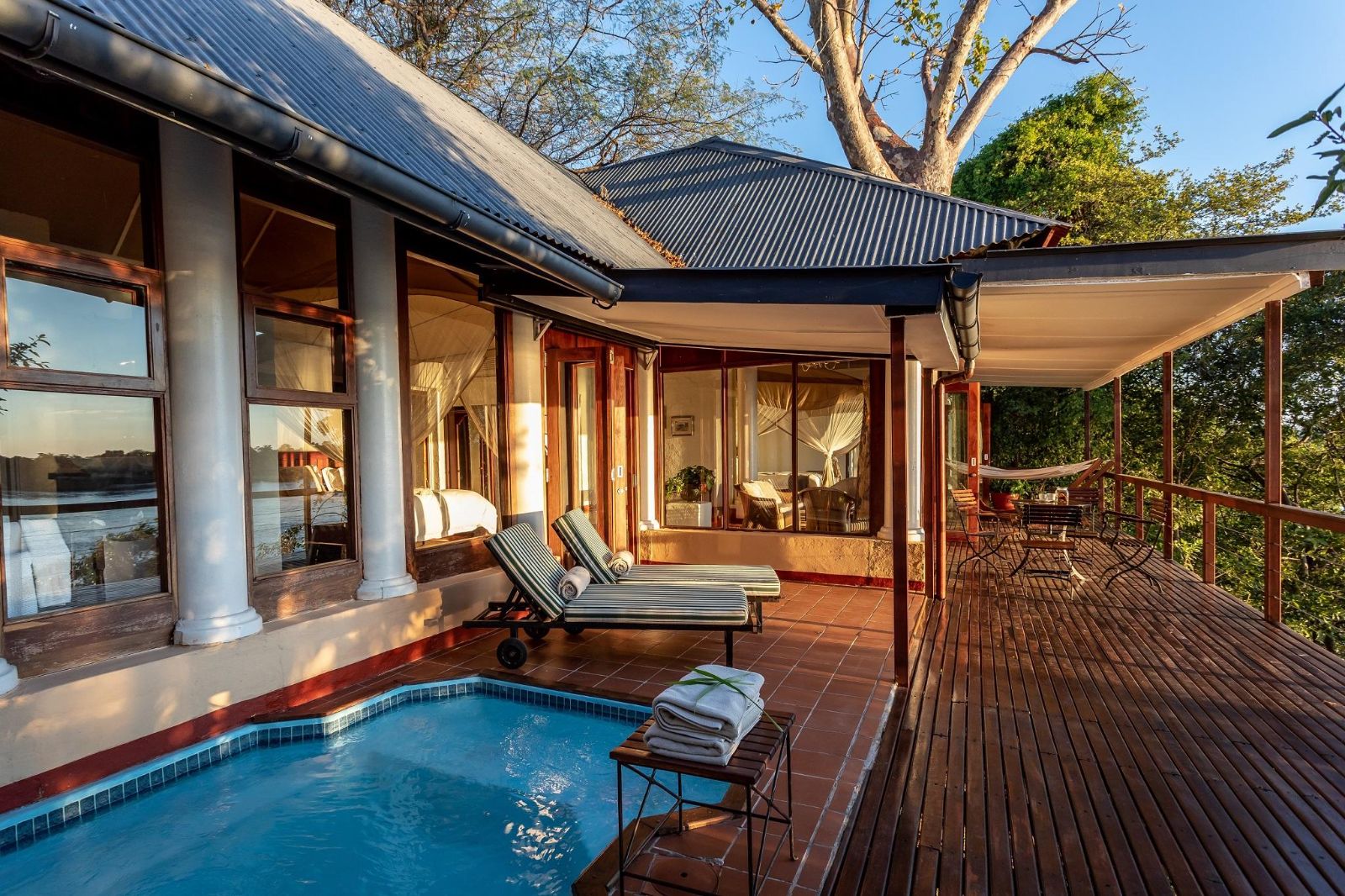 Luxury Family River Suite pool deck at The River Club, Livingstone