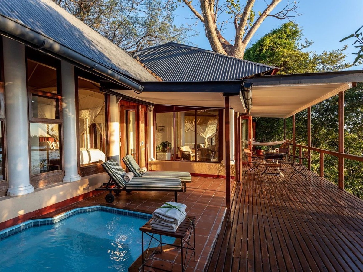 Luxury Family River Suite pool deck at The River Club, Livingstone