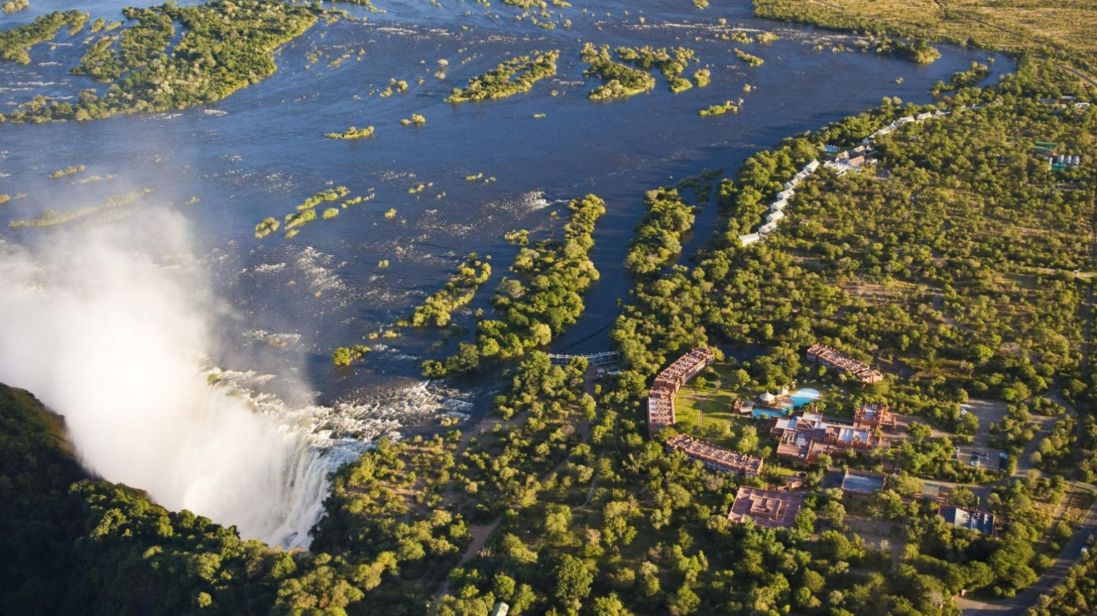 Aerial view of The Royal Livingstone at Victoria Falls in Zambia