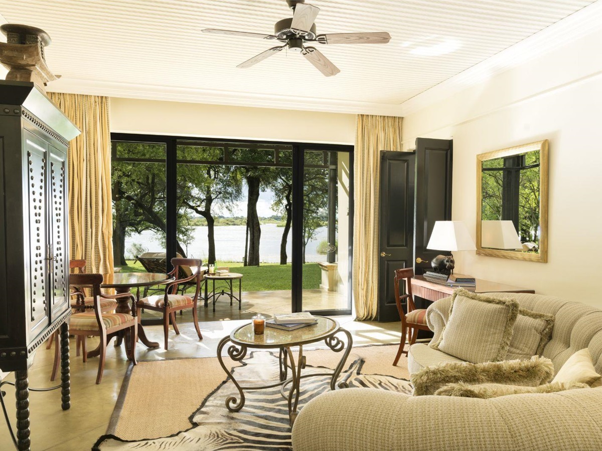 Guest lounge within The Royal Livingstone at Victoria Falls in Zambia