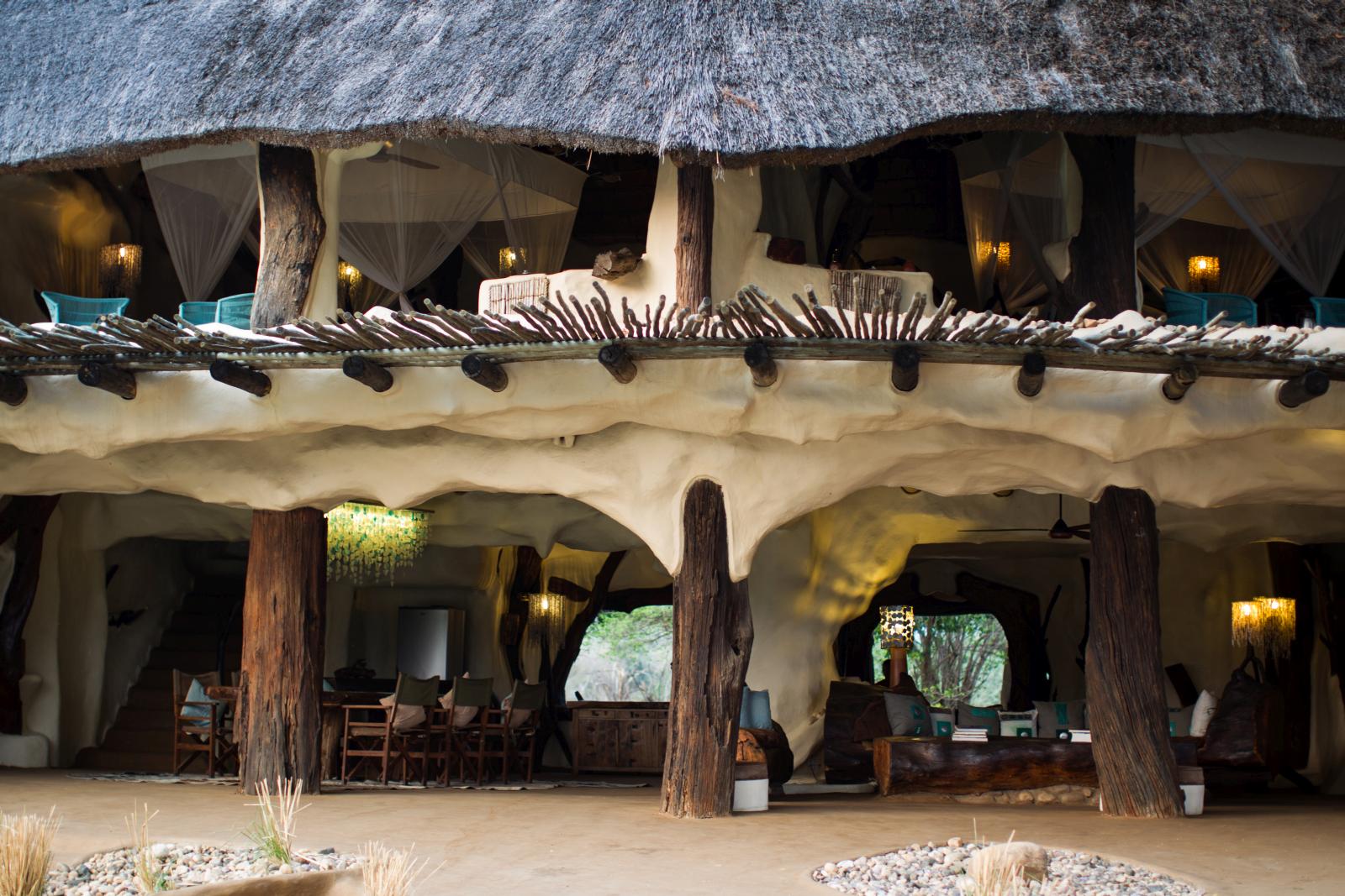 The living area at Chongwe River House is open to the elements