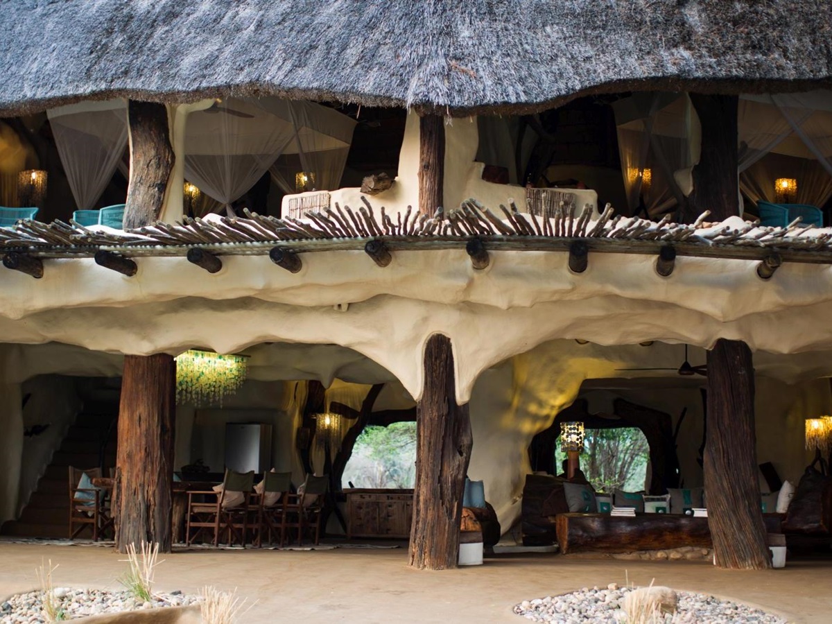 The living area at Chongwe River House is open to the elements