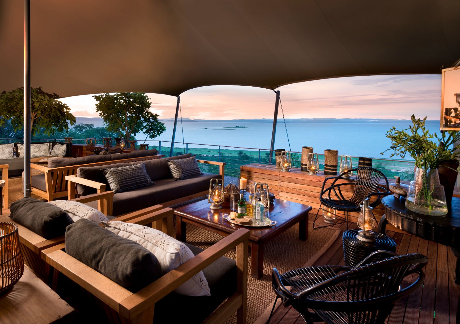 Living area of a Kingfisher Cottage with views over Lake Kariba at luxury safari lodge Bumi Hills in Zimbabwe