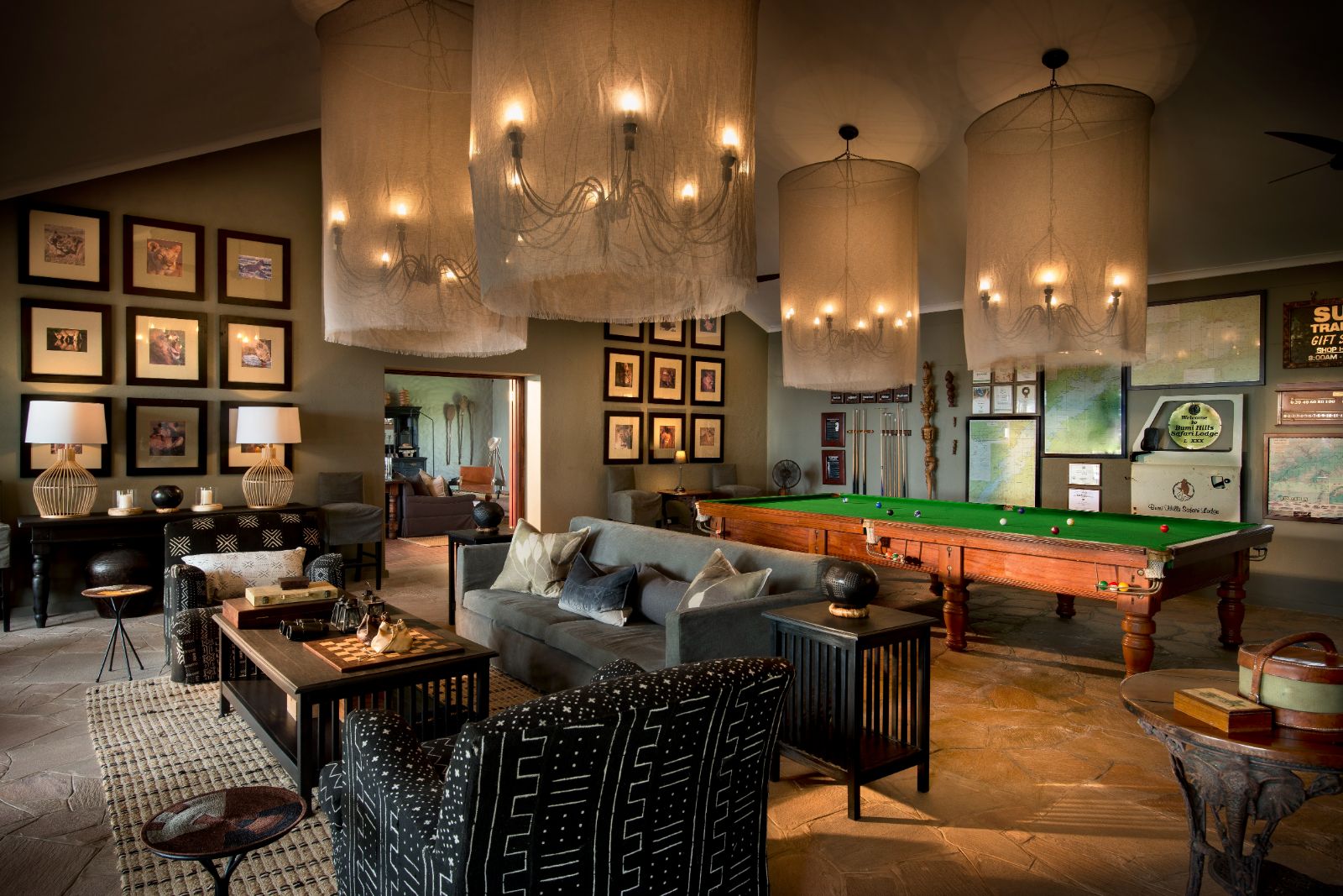 Main lounge with pool table at luxury safari lodge Bumi Hills in Zimbabwe