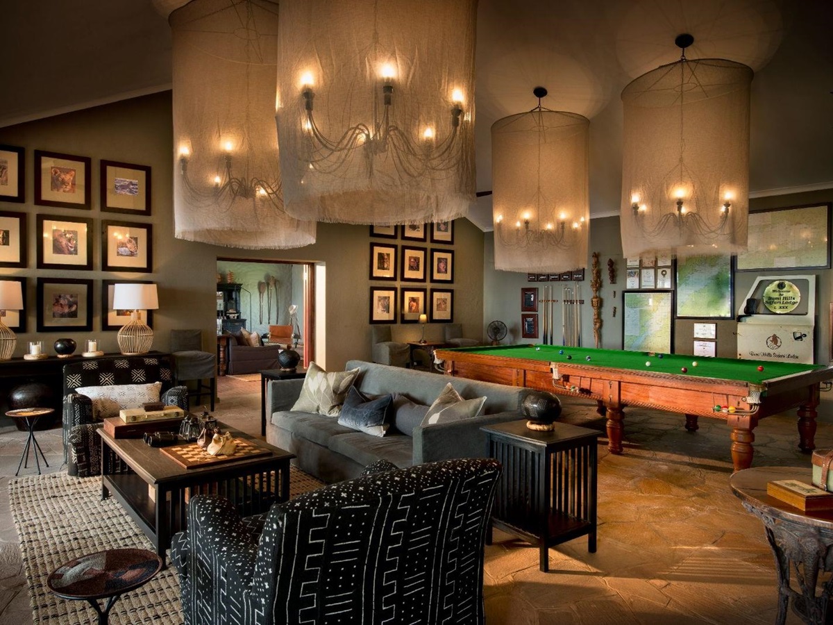 Main lounge with pool table at luxury safari lodge Bumi Hills in Zimbabwe