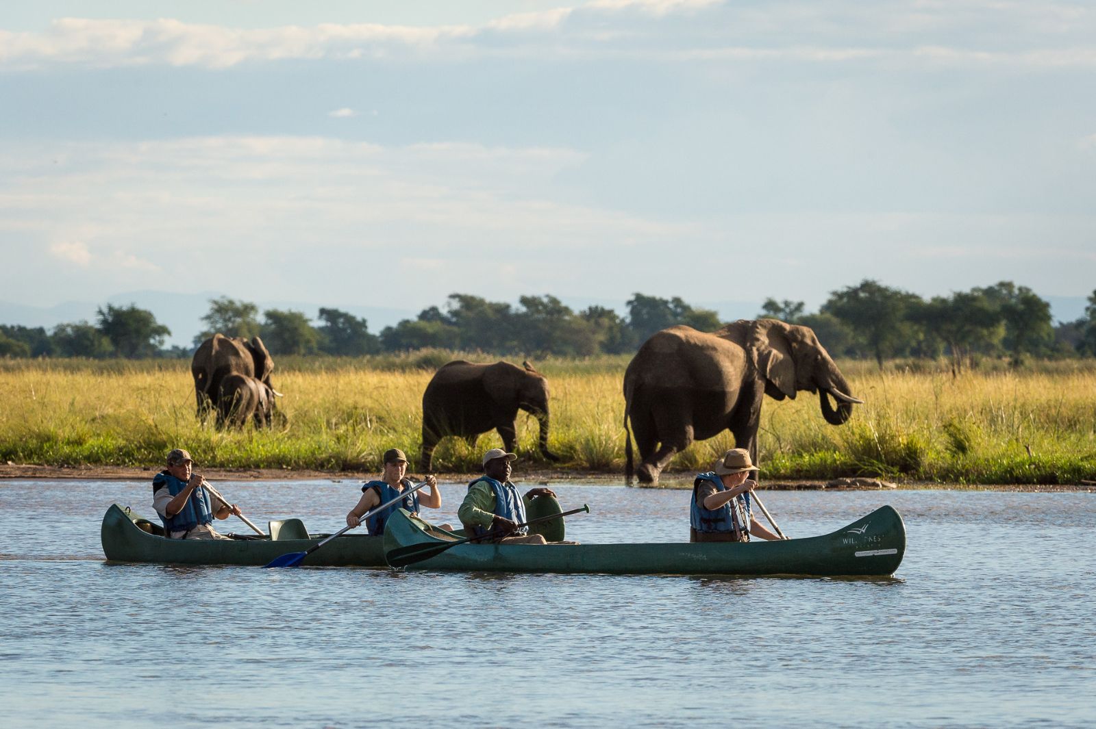 Guests boating on safari watching elephants at luxury camp Ruckomechi