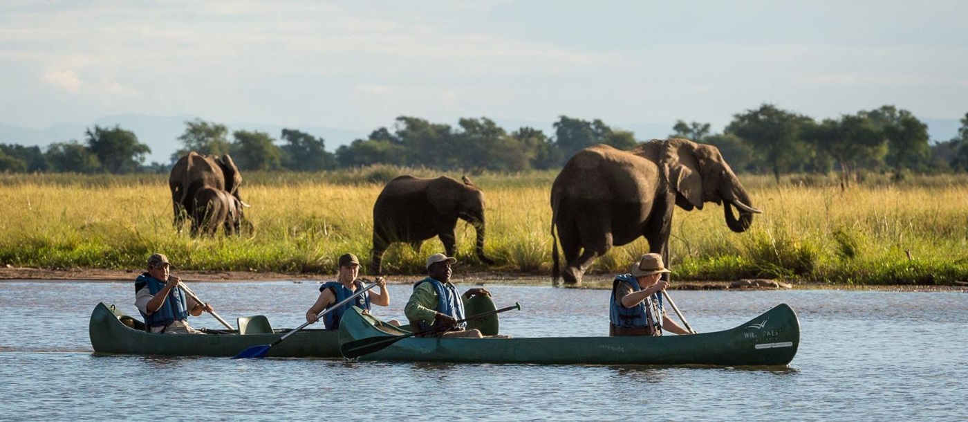 Guests boating on safari watching elephants at luxury camp Ruckomechi