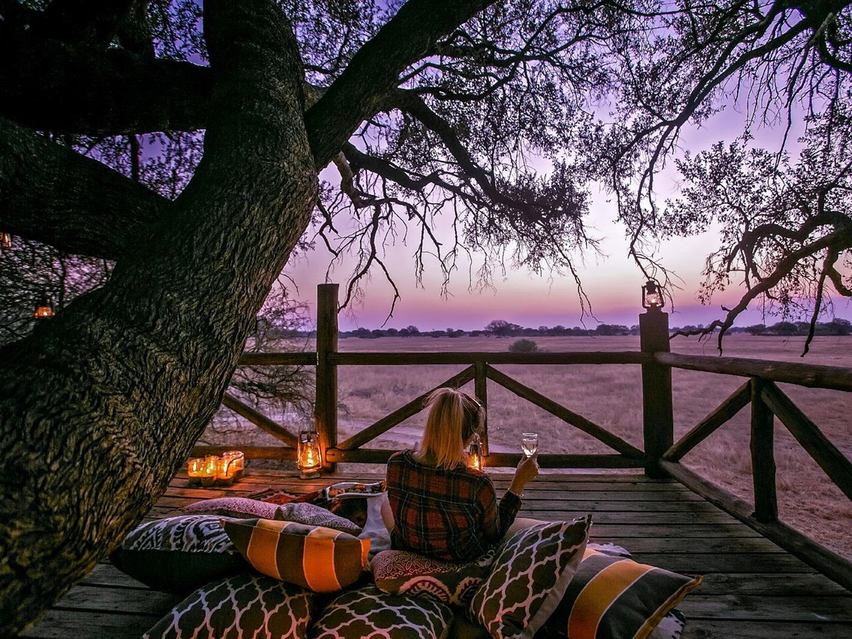 Dusk on the Doves Nest treehouse terrace at The Hide safari lodge Zimbabwe