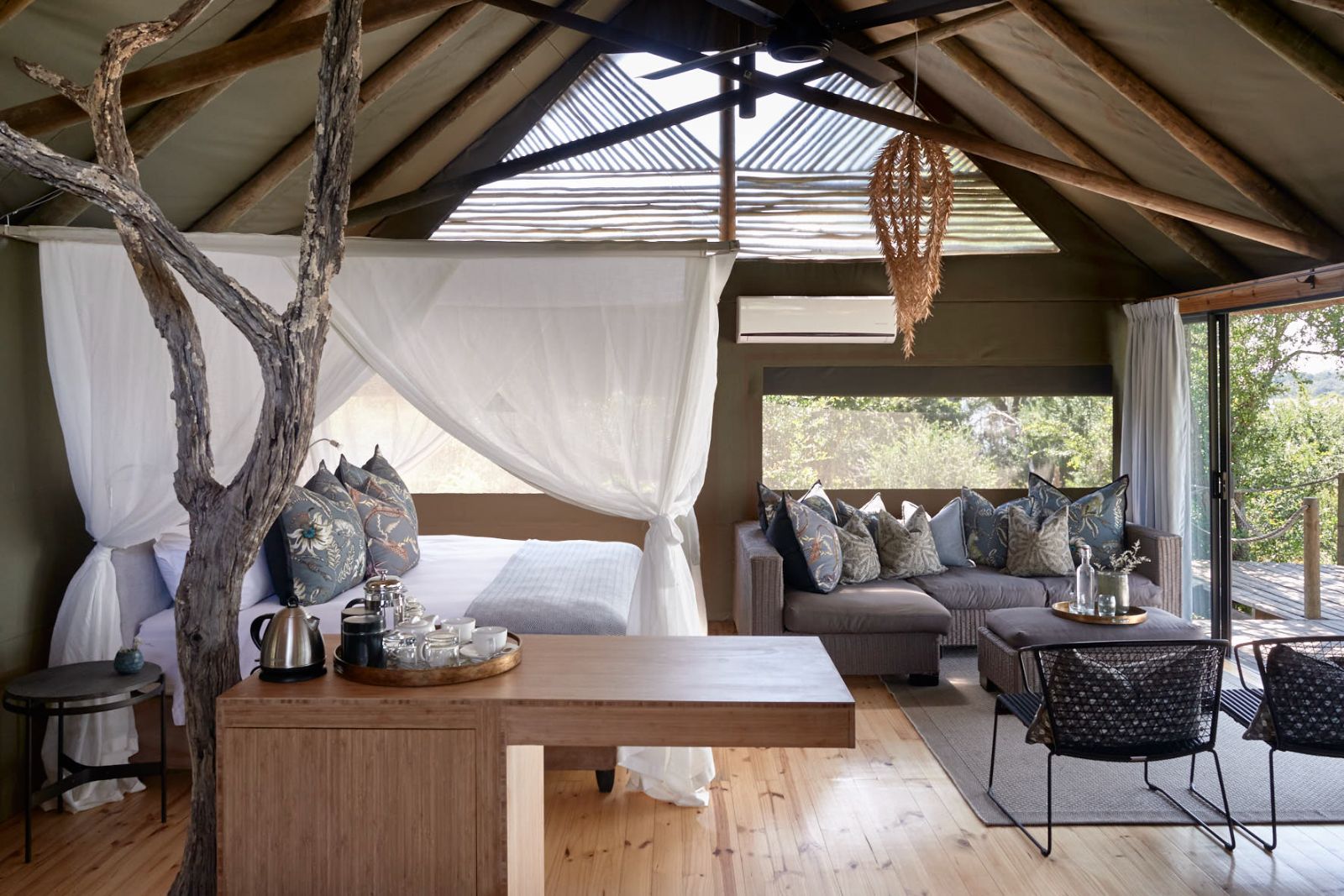 A tented guest suite at Victoria Falls River Lodge in Zambezi National Park in Zimbabwe
