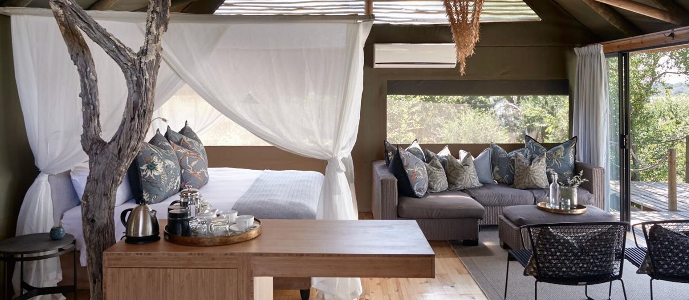 A tented guest suite at Victoria Falls River Lodge in Zambezi National Park in Zimbabwe