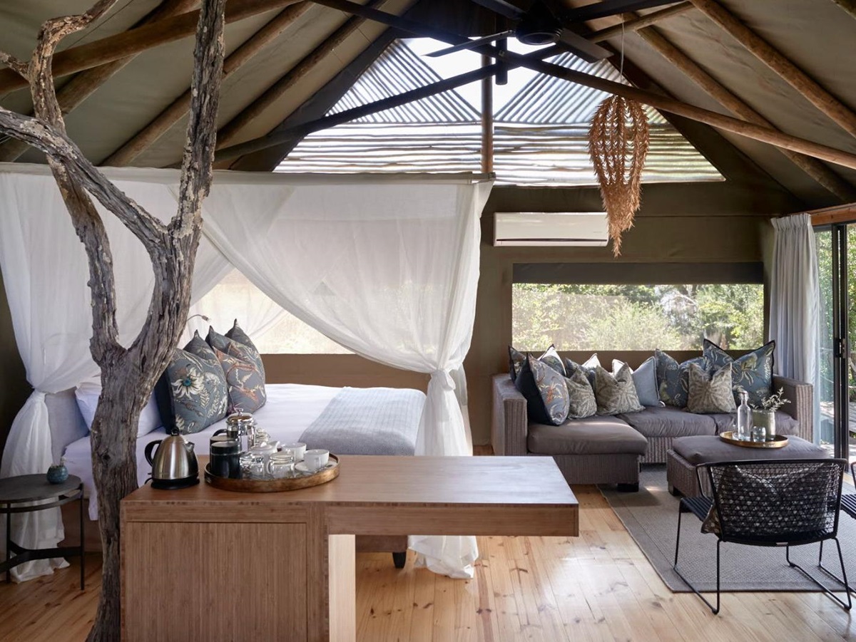 A tented guest suite at Victoria Falls River Lodge in Zambezi National Park in Zimbabwe