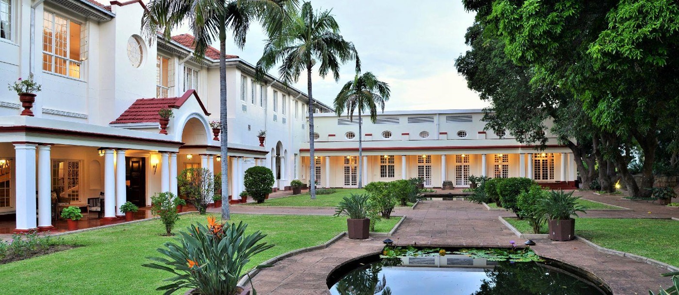 Manicured gardens at The Victoria Falls Hotel in Zimbabwe