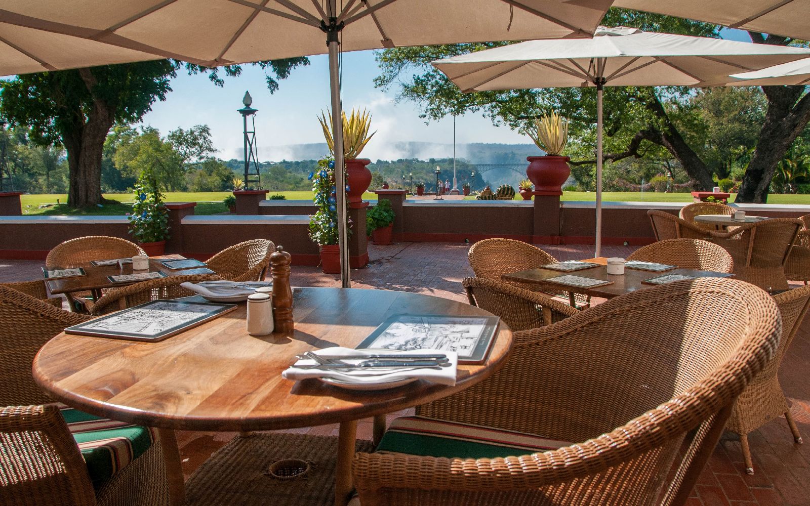 Dining terrace with Falls view at The Victoria Falls Hotel in Zimbabwe