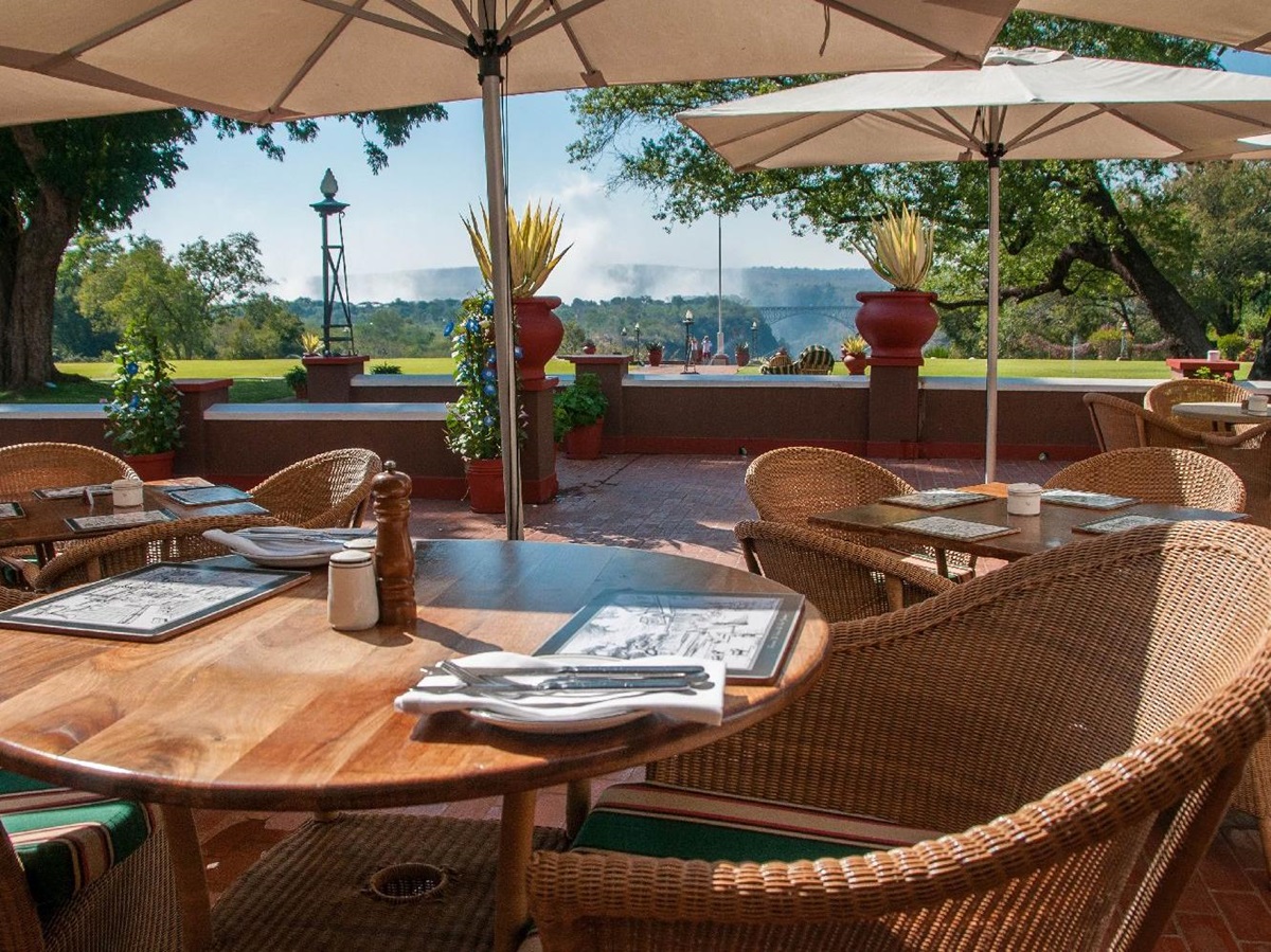 Dining terrace with Falls view at The Victoria Falls Hotel in Zimbabwe