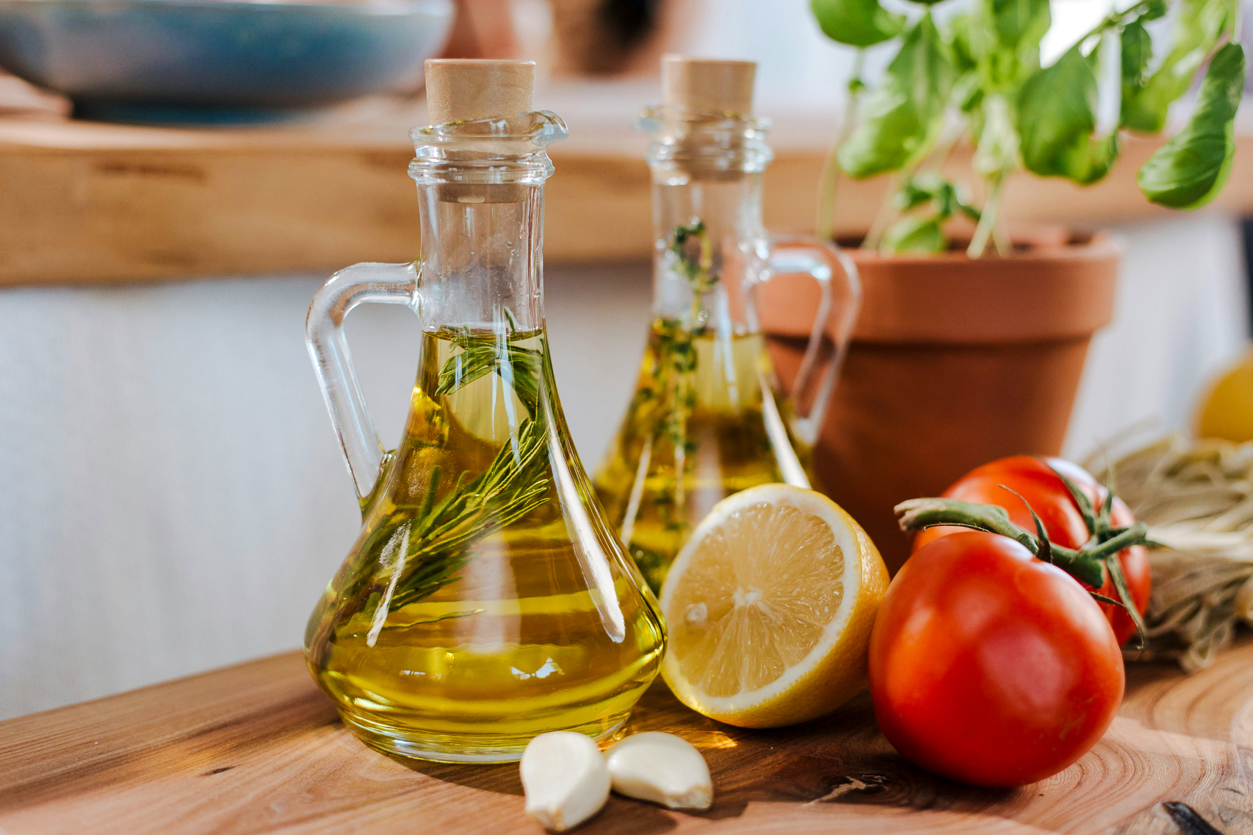 Olive oil in a glass decanter