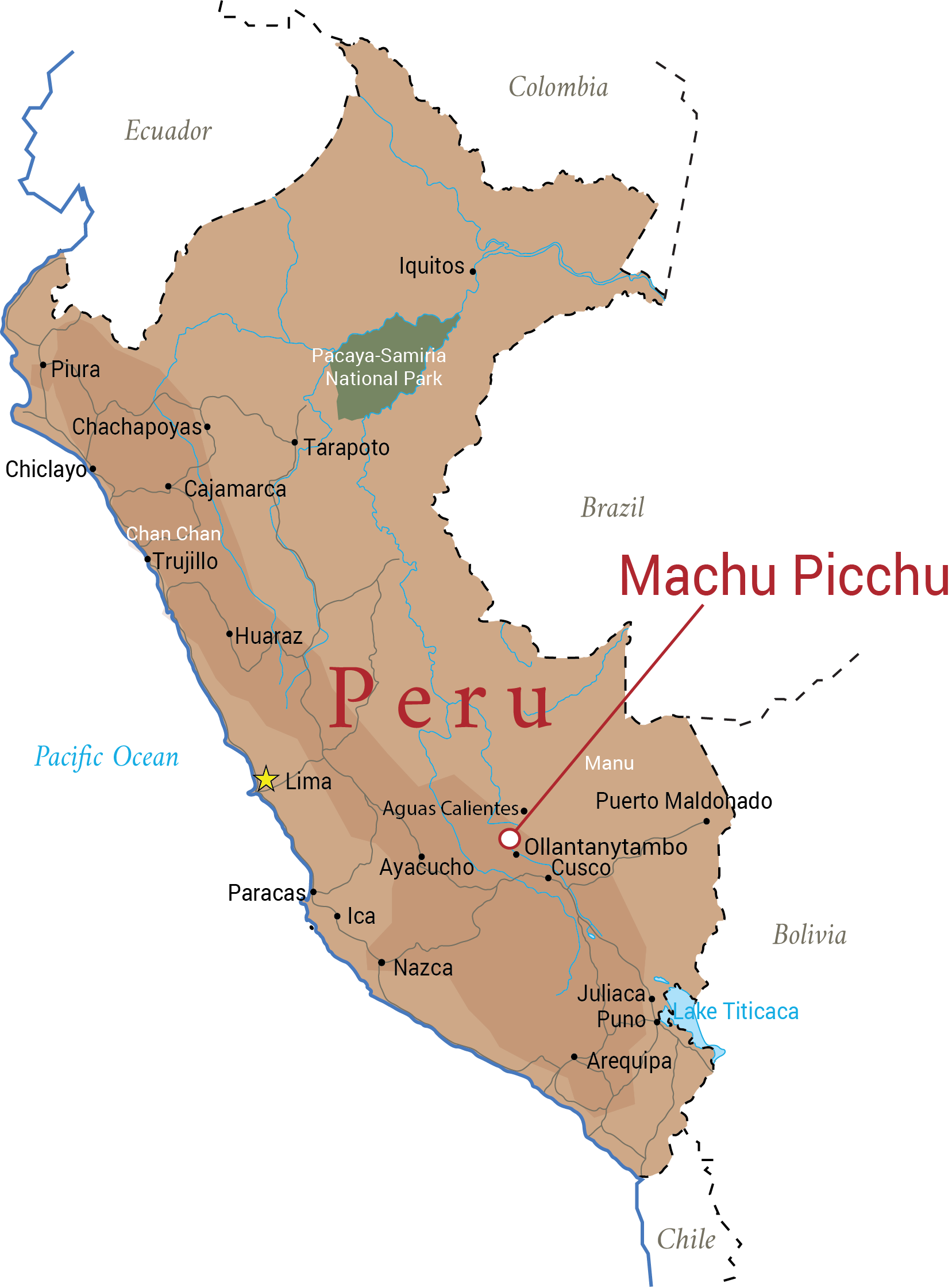 Red Savannah-branded map of Peru with emphasis on Machu Picchu