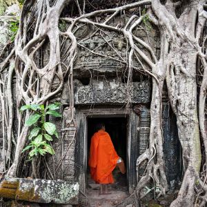 A Buddhist monk entering a temple in Cambodia