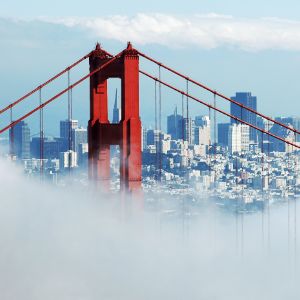 Golden Gate Bridge shrouded in mist in San Francisco