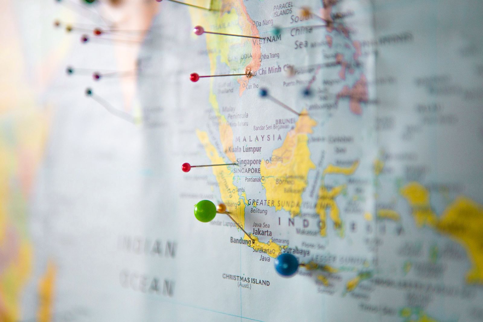 Pinned locations on a map of Singapore and Indonesia