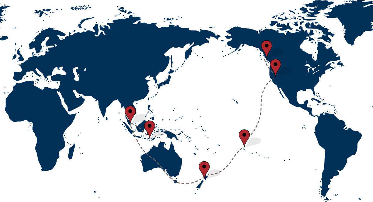 A wide map of Red Savannah's Pacific Rim Adventure sabbatical itinerary