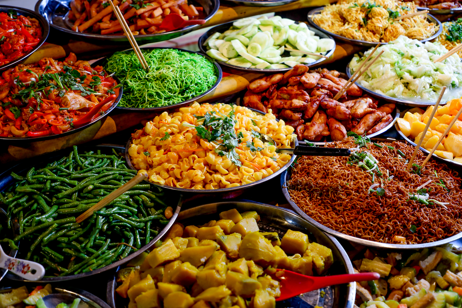 Dishes served at a street food market in Laos