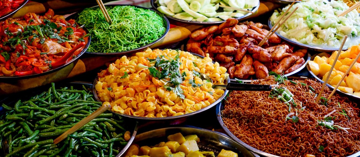 Dishes served at a street food market in Laos