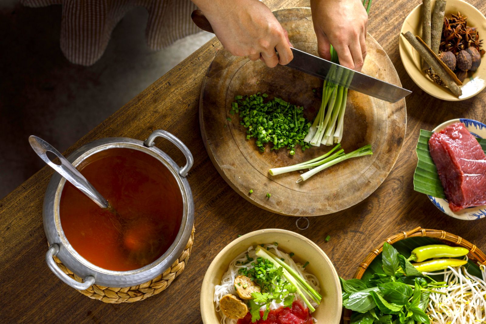Food being prepared during a pho cookery class