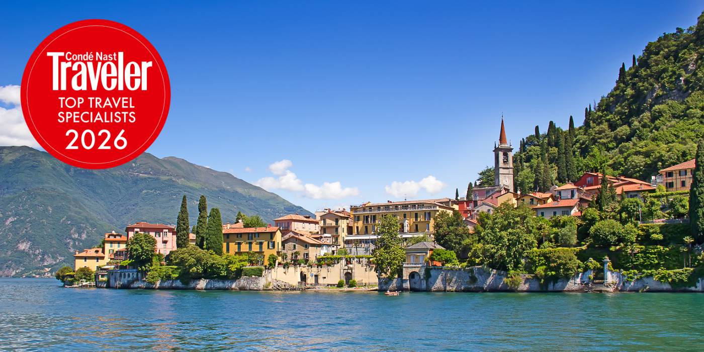 Lake Como background with Conde Nast Traveler Top Travel Specialist award logo for 2026