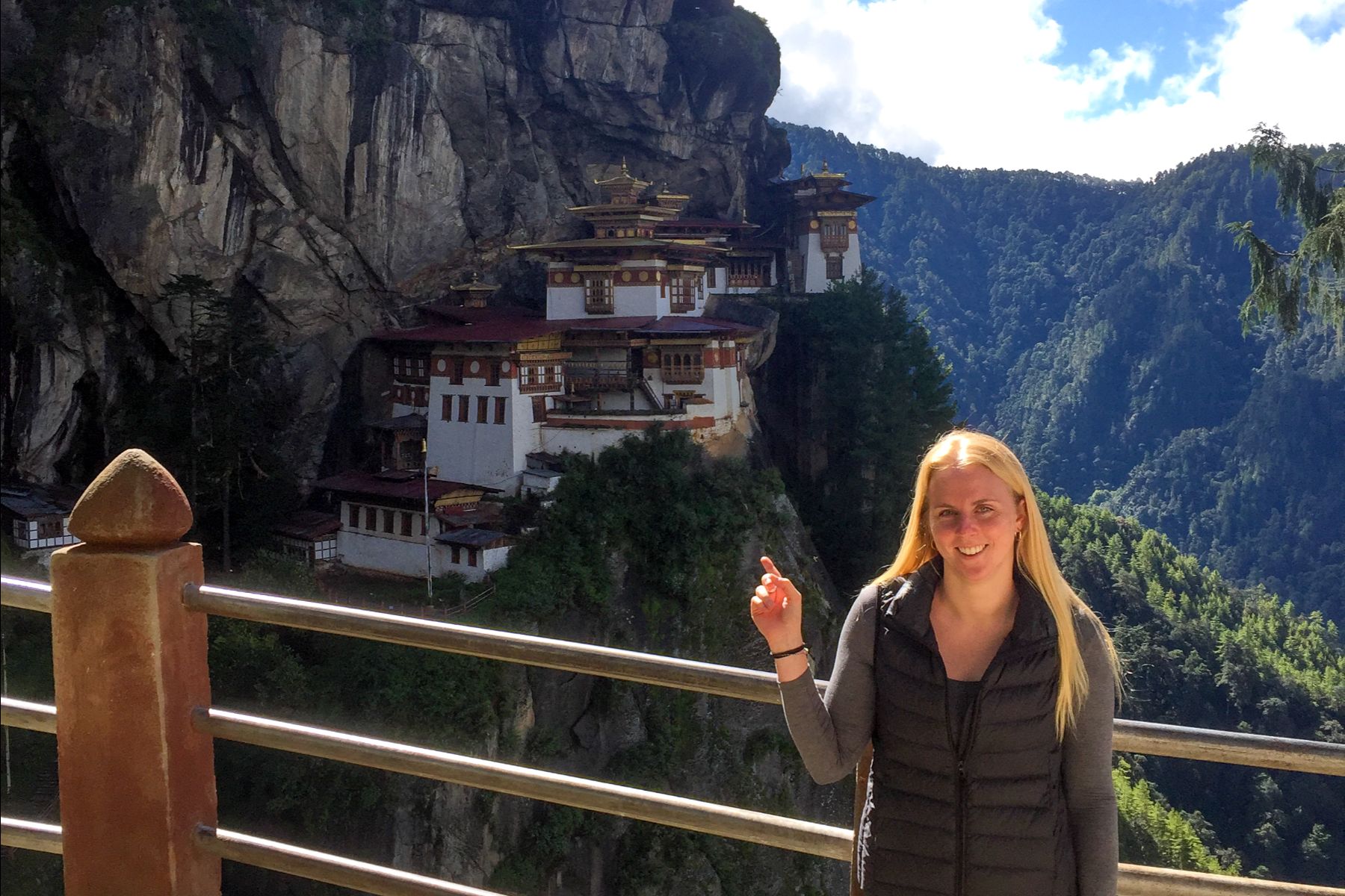 Amy Ropner, Red Savannah's Villa Rental Specialist, at the Tiger's Nest Monastery in Bhutan