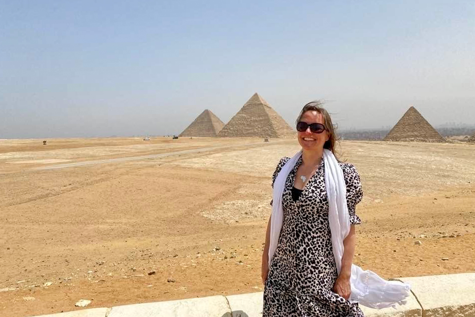Samantha Gordon, Red Savannah's Regional Director for Africa, with the Pyramids of Giza