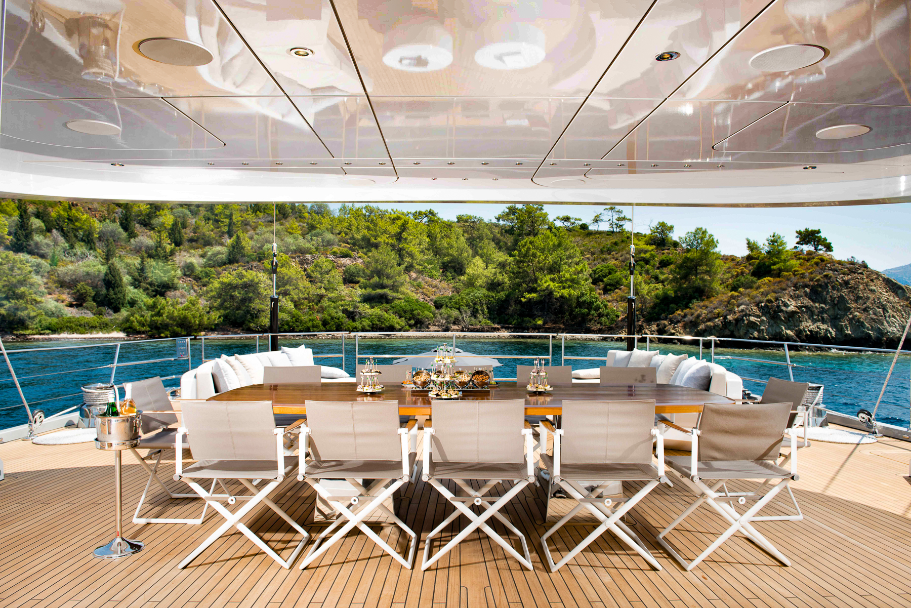 Alfresco dining table onboard the All About U 2 luxury yacht in Turkey