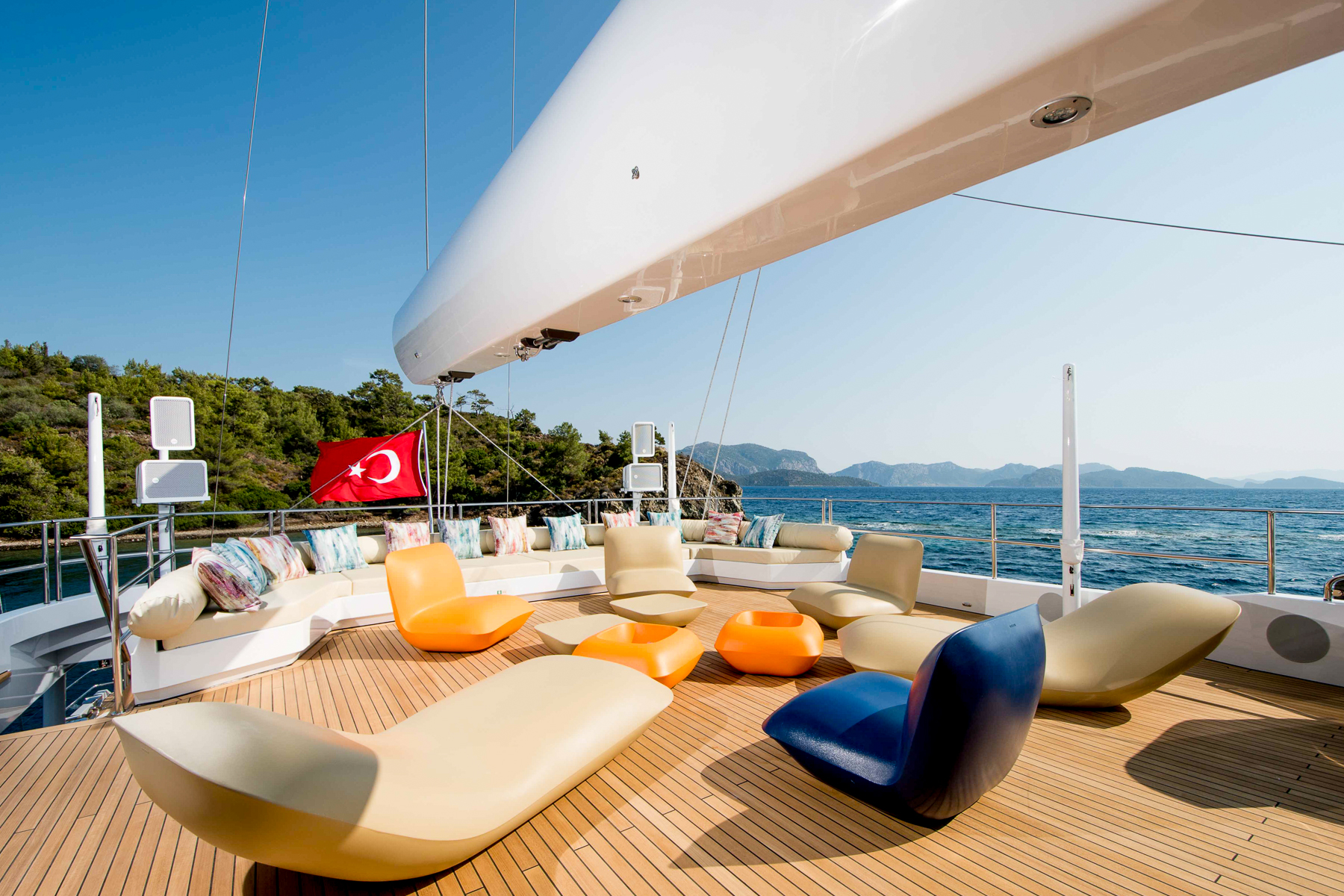 Seating area on the deck of the All About U 2 luxury yacht in Turkey
