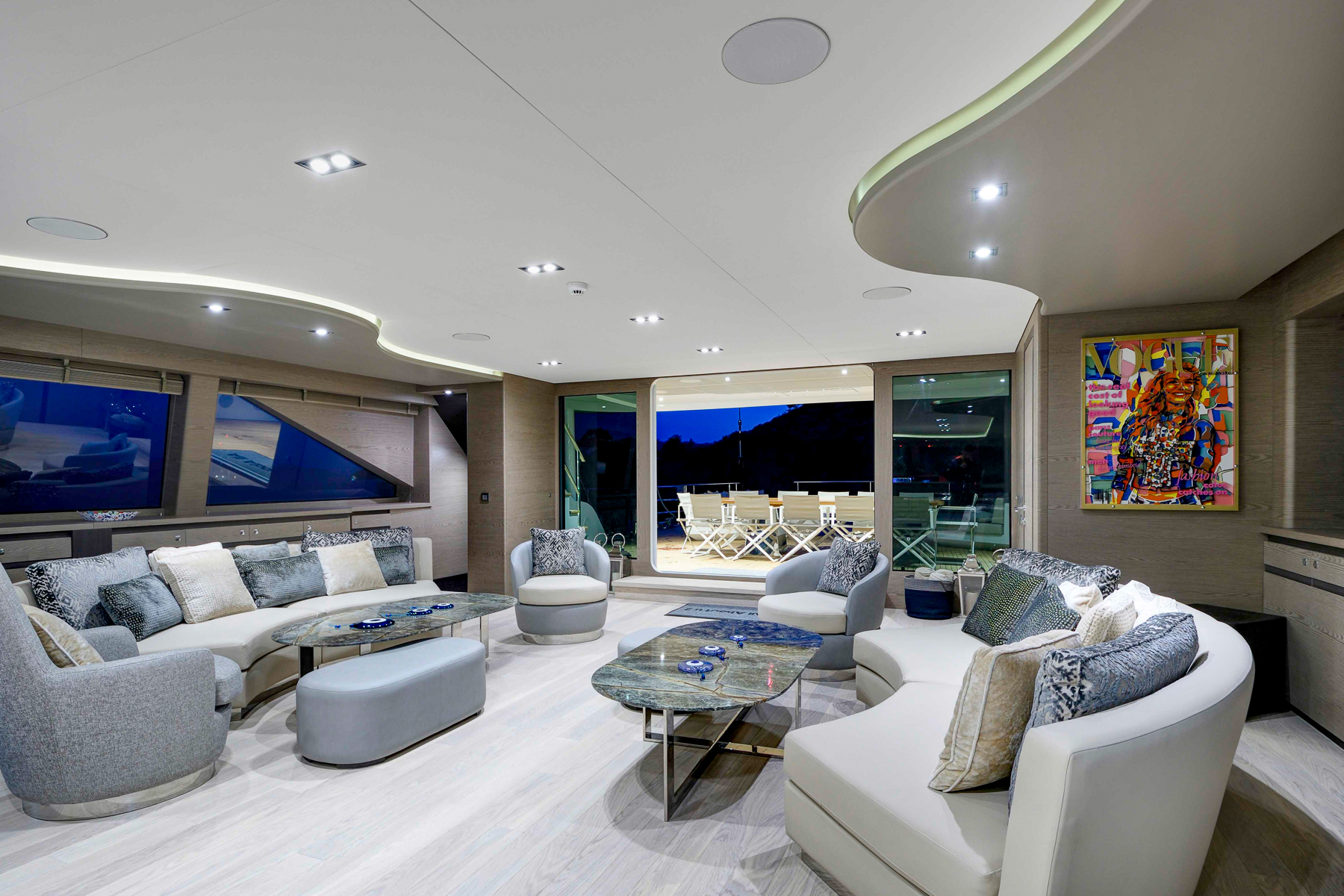 Sofas in the indoor lounge onboard the All About U 2 luxury yacht in Turkey