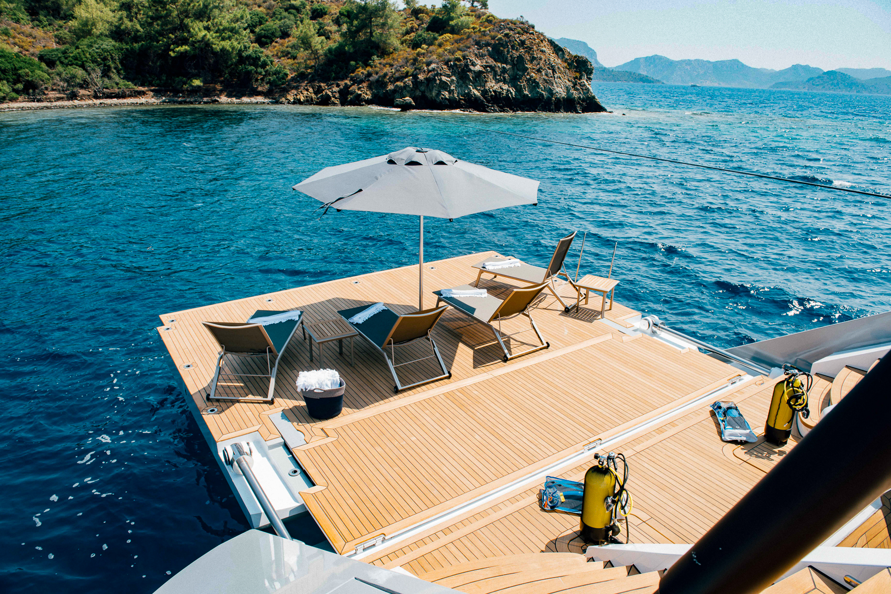 Loungers on the aft deck of the All About U 2 luxury yacht in Turkey