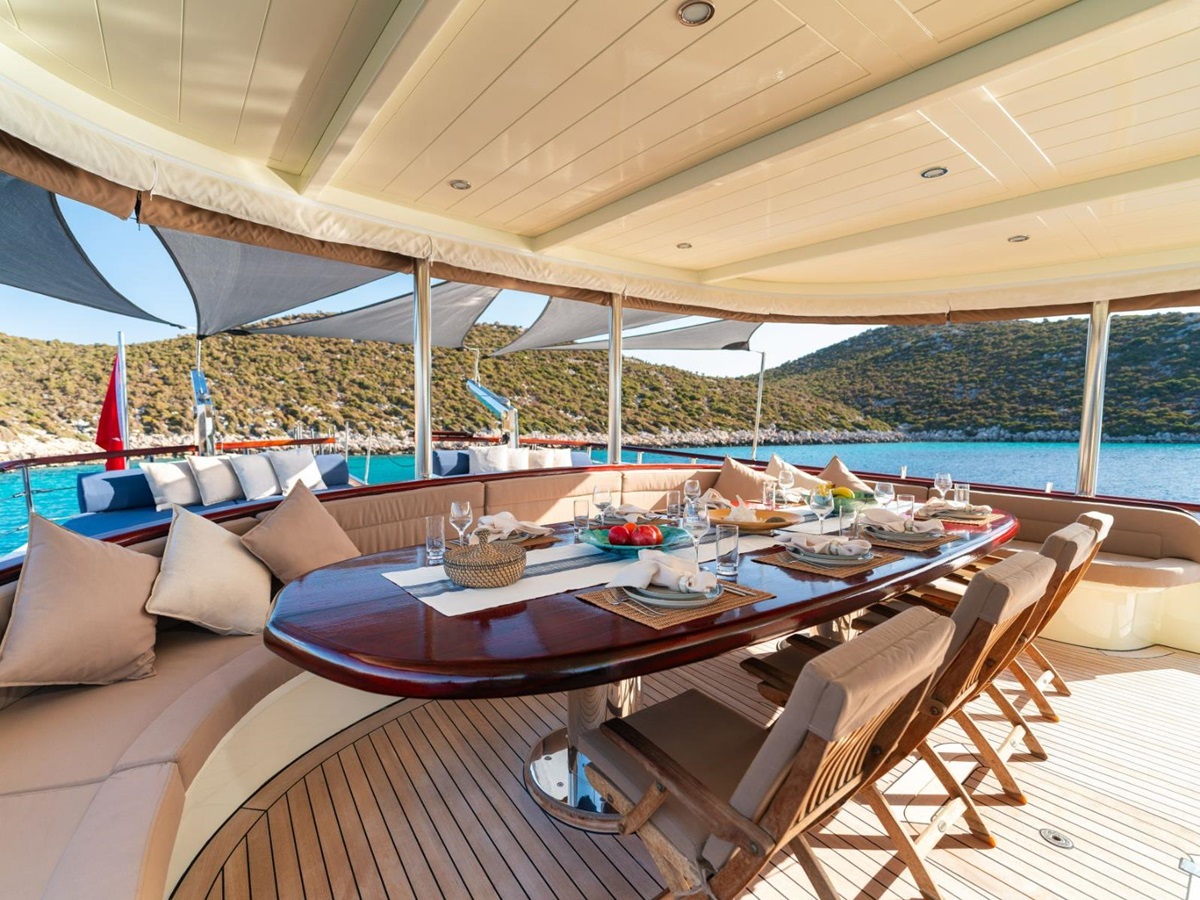 Alfresco dining on the aft deck of the Always Smile luxury gulet in Turkey
