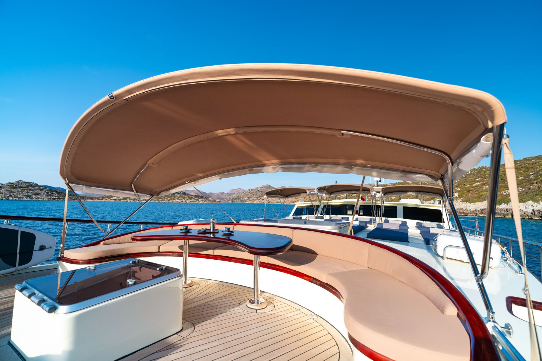 Seating area on the forward deck of the Always Smile luxury gulet in Turkey