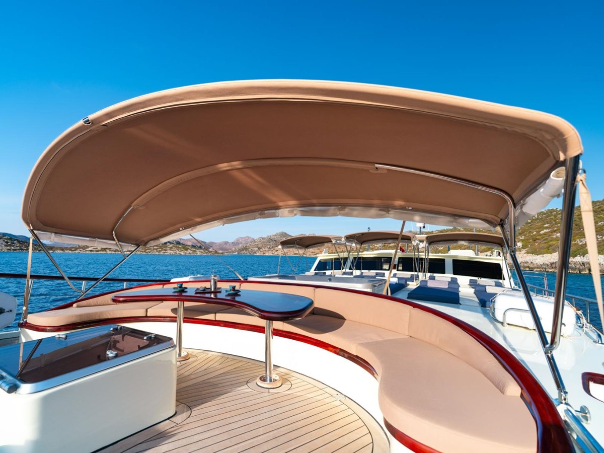 Seating area on the forward deck of the Always Smile luxury gulet in Turkey