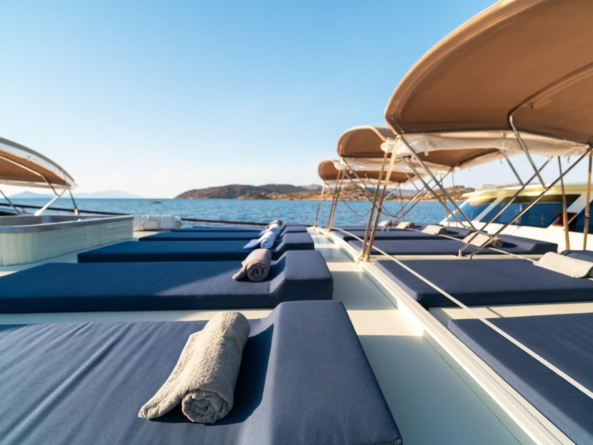 Sunbathing area on the forward deck of the Always Smile luxury gulet in Turkey