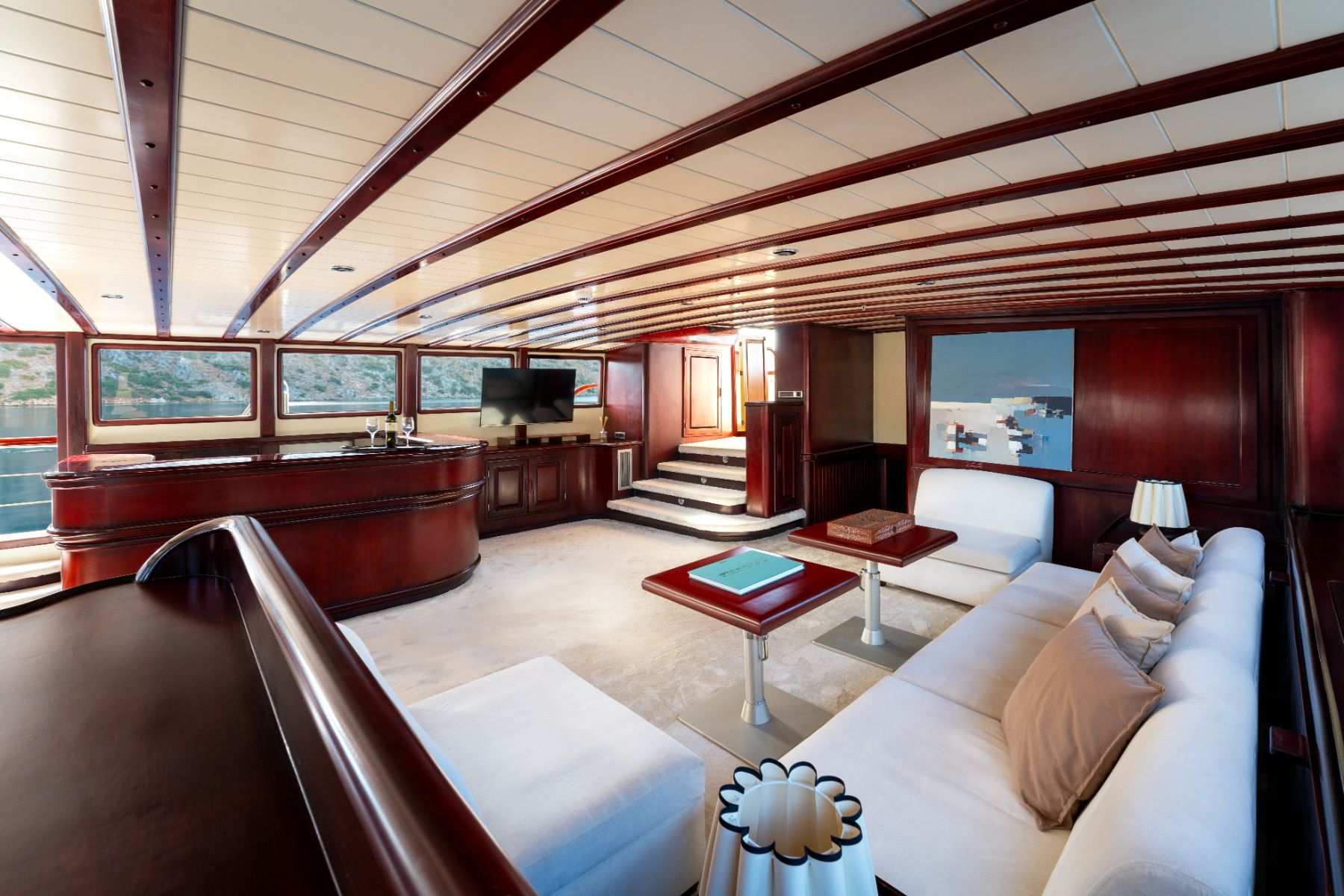 Seating area in the saloon of the Always Smile luxury gulet in Turkey