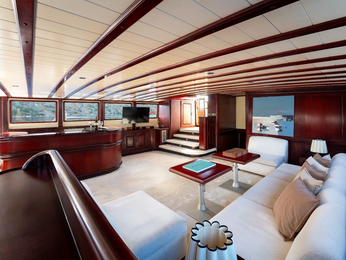 Seating area in the saloon of the Always Smile luxury gulet in Turkey
