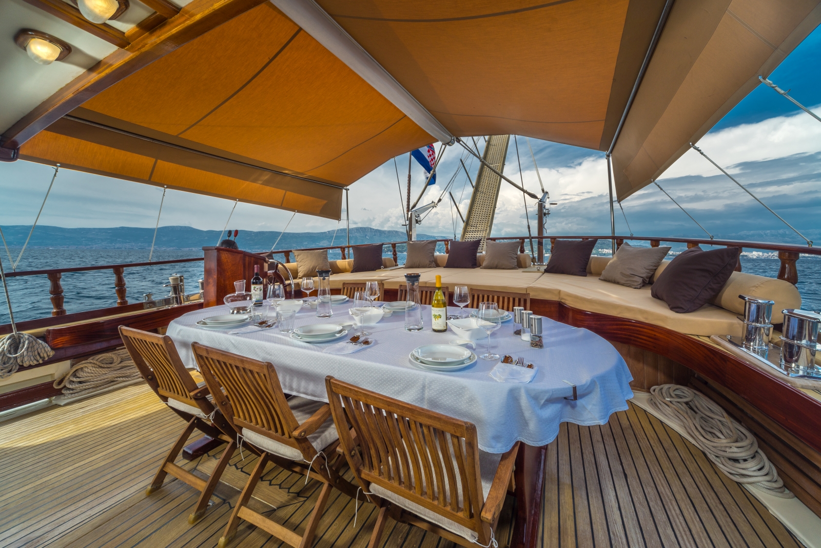 Dining and lounging area on the deck of the luxury gulet Angelica