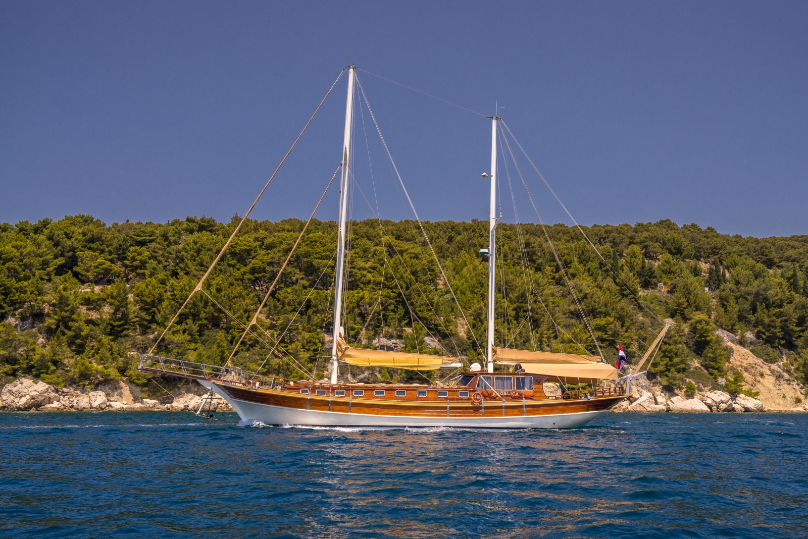 View of the luxury gulet Angelica sailing along the Croatian coast